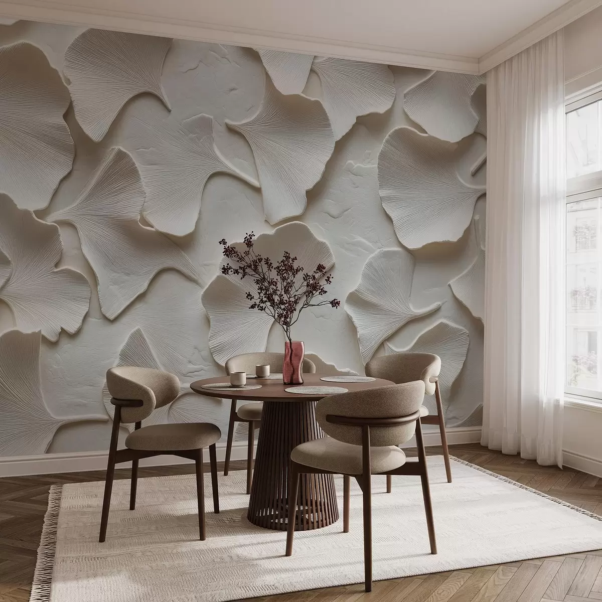 wall murals Штукатура са деликатним утискивањем листова гинка на белој позадини w08560v1