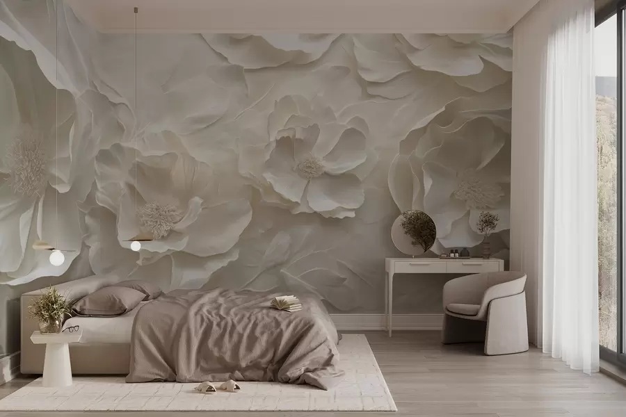 wall murals Ваздушно цвеће у топлим тоновима на позадини потеза листова w08562