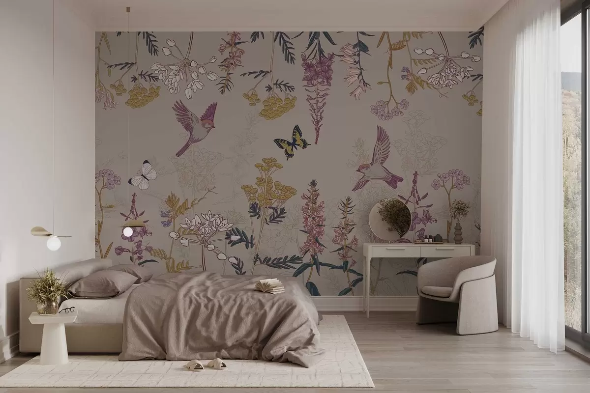 wall murals ансамбл пољског цвећа и птица на беж позадини w02634