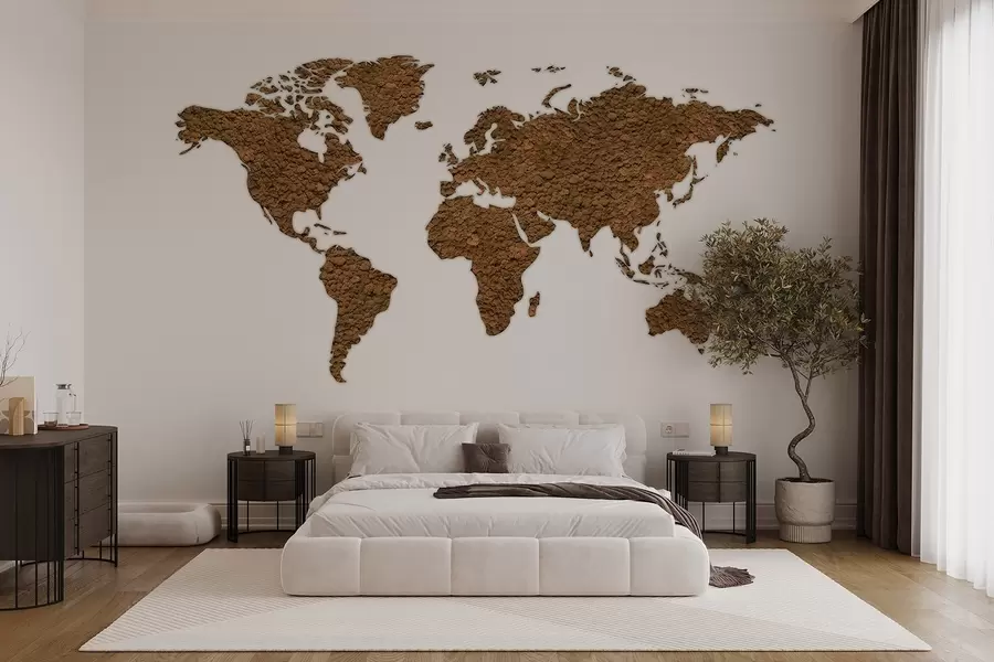 wall murals Мапа света са маховином, природом, беж палетом боја  w02657v4