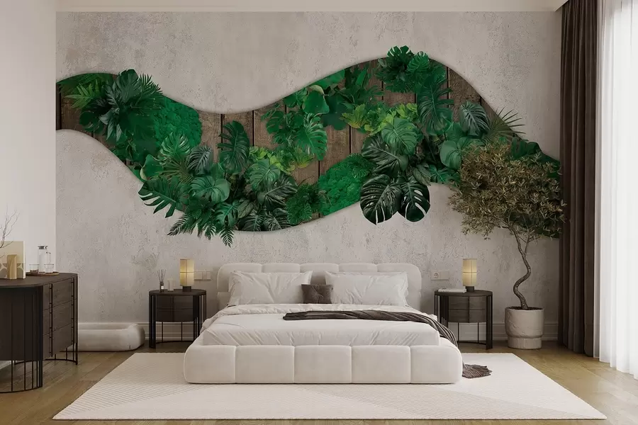 wall murals Зидни орнамент са биљкама, маховином, палминим лишћем, дрвеном подлогом, зеленилом w02658v1