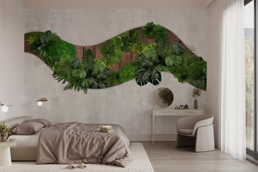 wall murals Зидни орнамент са биљкама, маховином, палминим лишћем, дрвеном подлогом w02658
