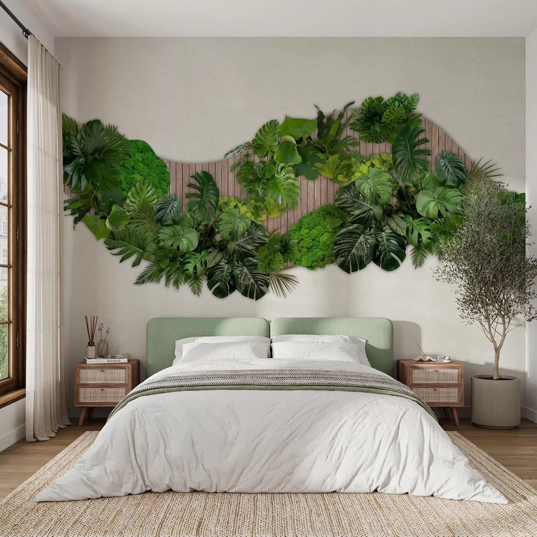 wall murals Цветни панел са палминим листовима, маховином и дрвеном позадином w02717