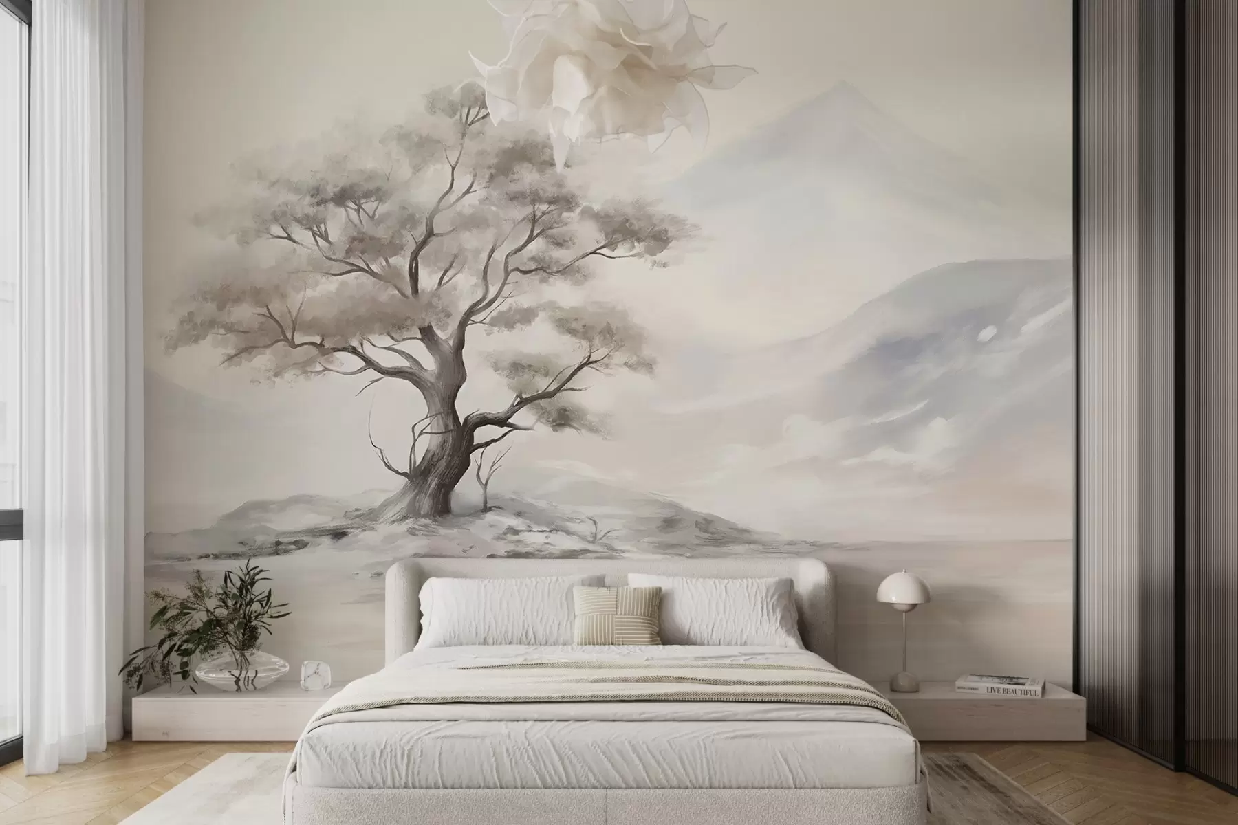 wall murals Минималистички цртеж усамљеног, искривљеног дрвета у пустом, стеновитом пејзажу са планинама у позадини  w08604