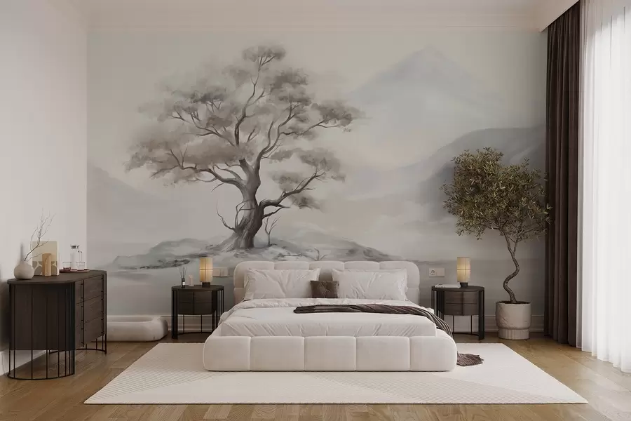 wall murals Минималистички цртеж усамљеног, искривљеног дрвета у пустом, стеновитом пејзажу са планинама у позадини  w08604