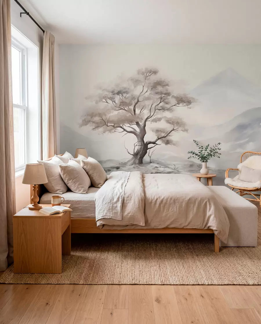 wall murals Минималистички цртеж усамљеног, искривљеног дрвета у пустом, стеновитом пејзажу са планинама у позадини  w08604
