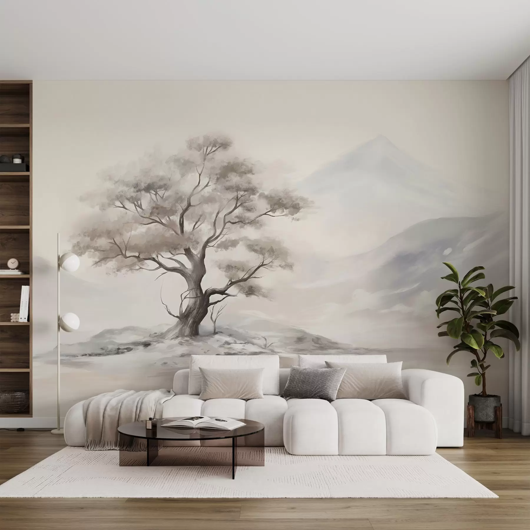 wall murals Минималистички цртеж усамљеног, искривљеног дрвета у пустом, стеновитом пејзажу са планинама у позадини  w08604