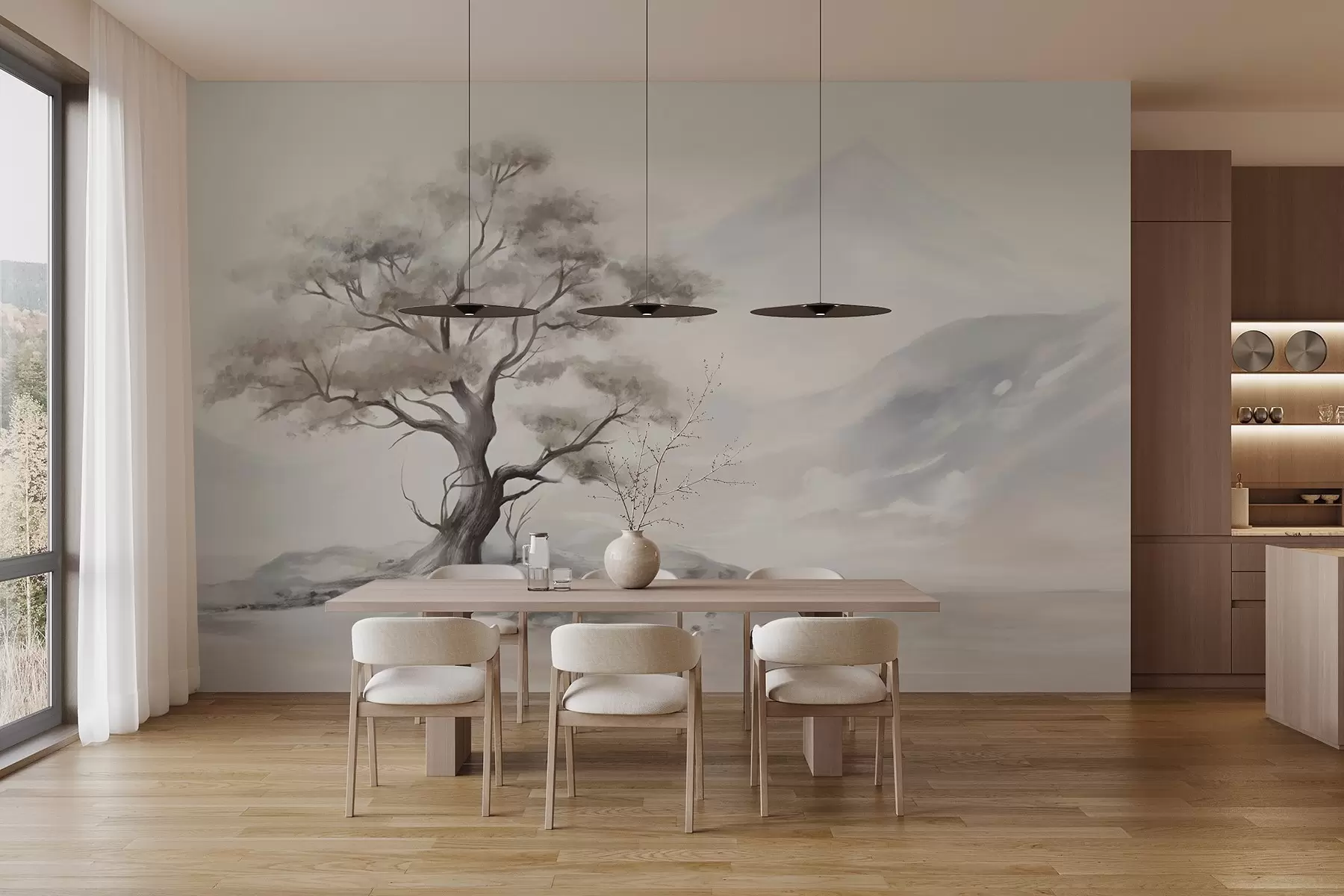 wall murals Минималистички цртеж усамљеног, искривљеног дрвета у пустом, стеновитом пејзажу са планинама у позадини  w08604