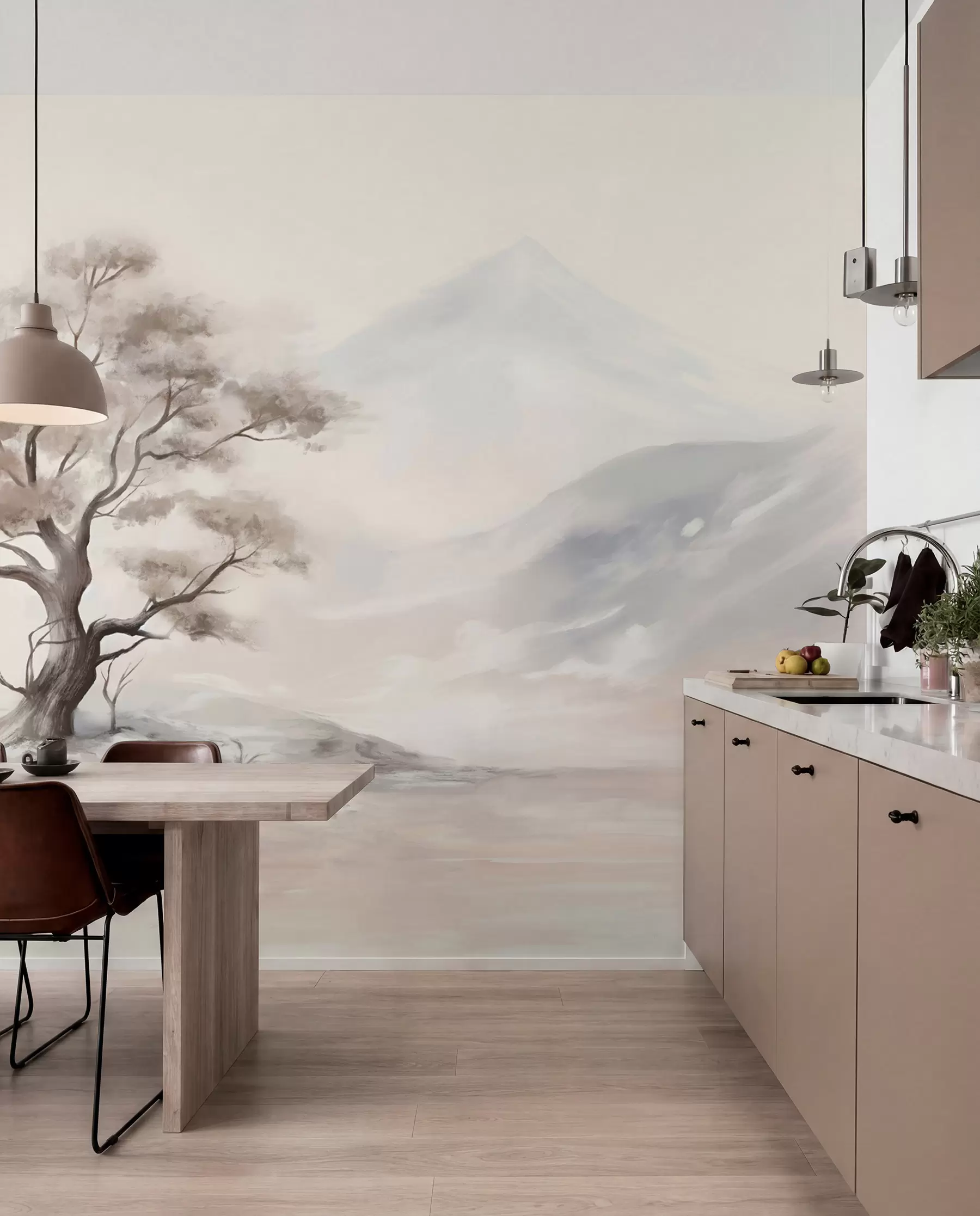 wall murals Минималистички цртеж усамљеног, искривљеног дрвета у пустом, стеновитом пејзажу са планинама у позадини  w08604
