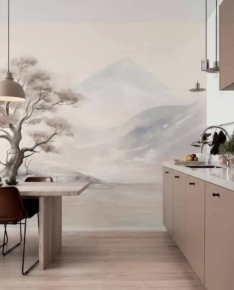 wall murals Минималистички цртеж усамљеног, искривљеног дрвета у пустом, стеновитом пејзажу са планинама у позадини  w08604