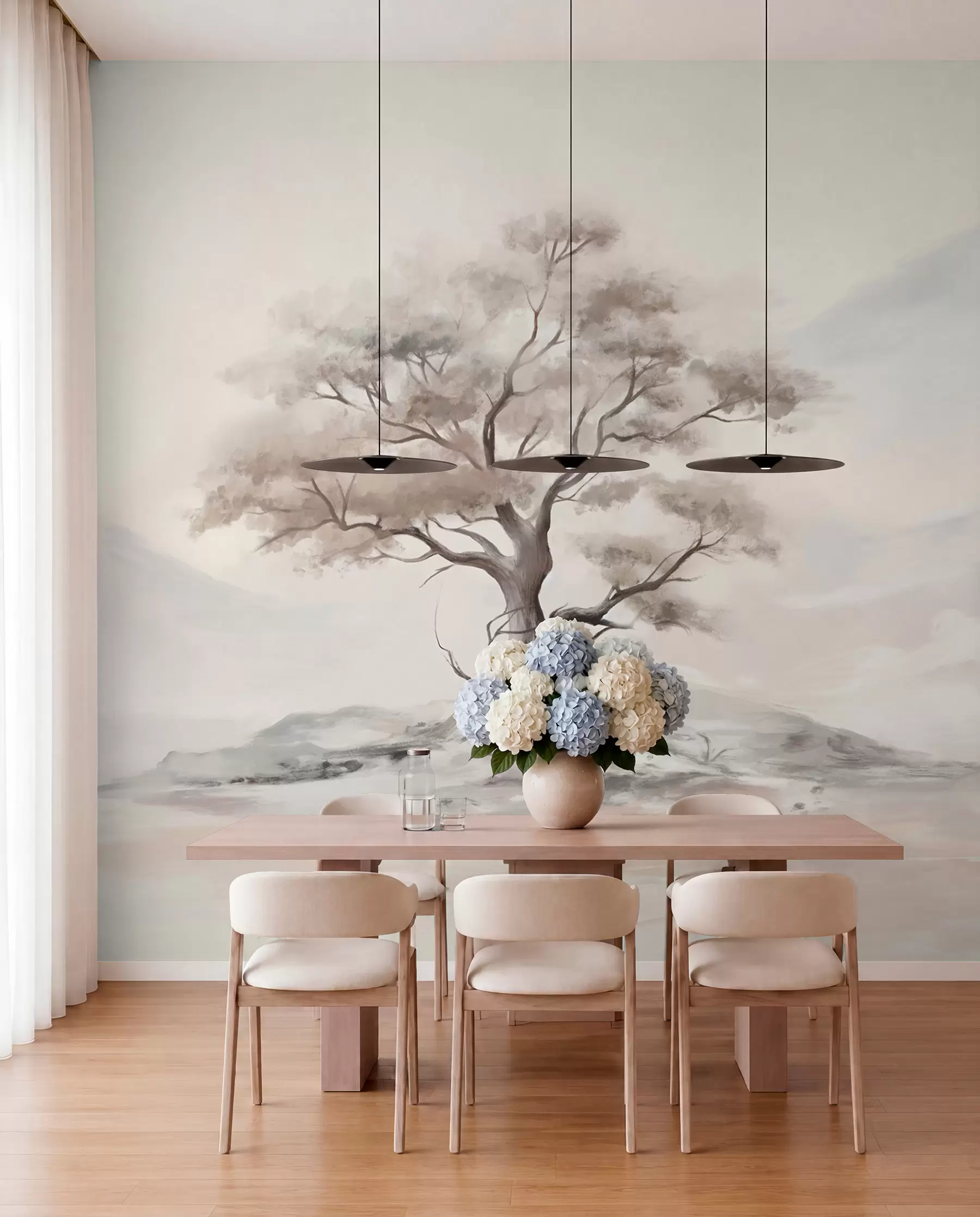 wall murals Минималистички цртеж усамљеног, искривљеног дрвета у пустом, стеновитом пејзажу са планинама у позадини  w08604
