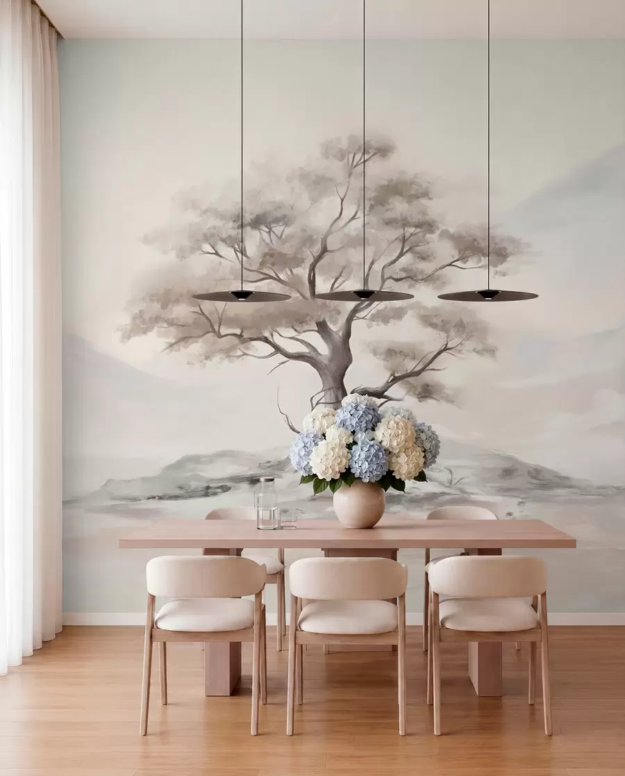 wall murals Минималистички цртеж усамљеног, искривљеног дрвета у пустом, стеновитом пејзажу са планинама у позадини  w08604