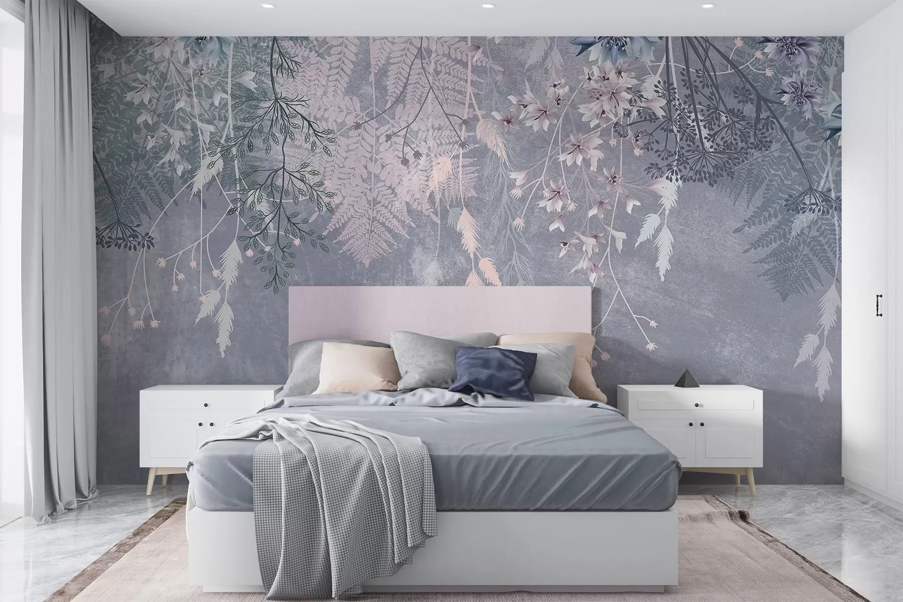 wall murals Сањиве, нежне, танке биљке, класови и цвеће у плавим пастелним бојама на магловитој, текстурираној позадини w08606