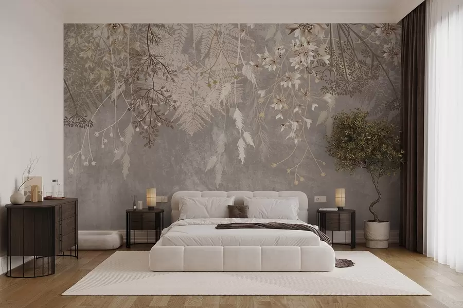 wall murals Сањиве, нежне, танке биљке, класови и цвеће у смеђим пастелним бојама на магловитој, текстурираној позадини w08606v1