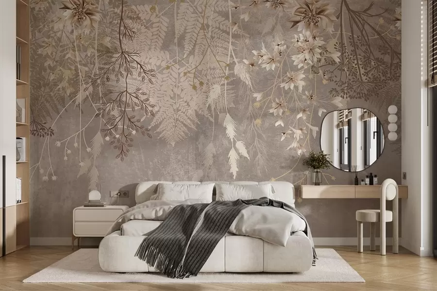 wall murals Сањиве, нежне, танке биљке, класови и цвеће у смеђим пастелним бојама на магловитој, текстурираној позадини w08606v1