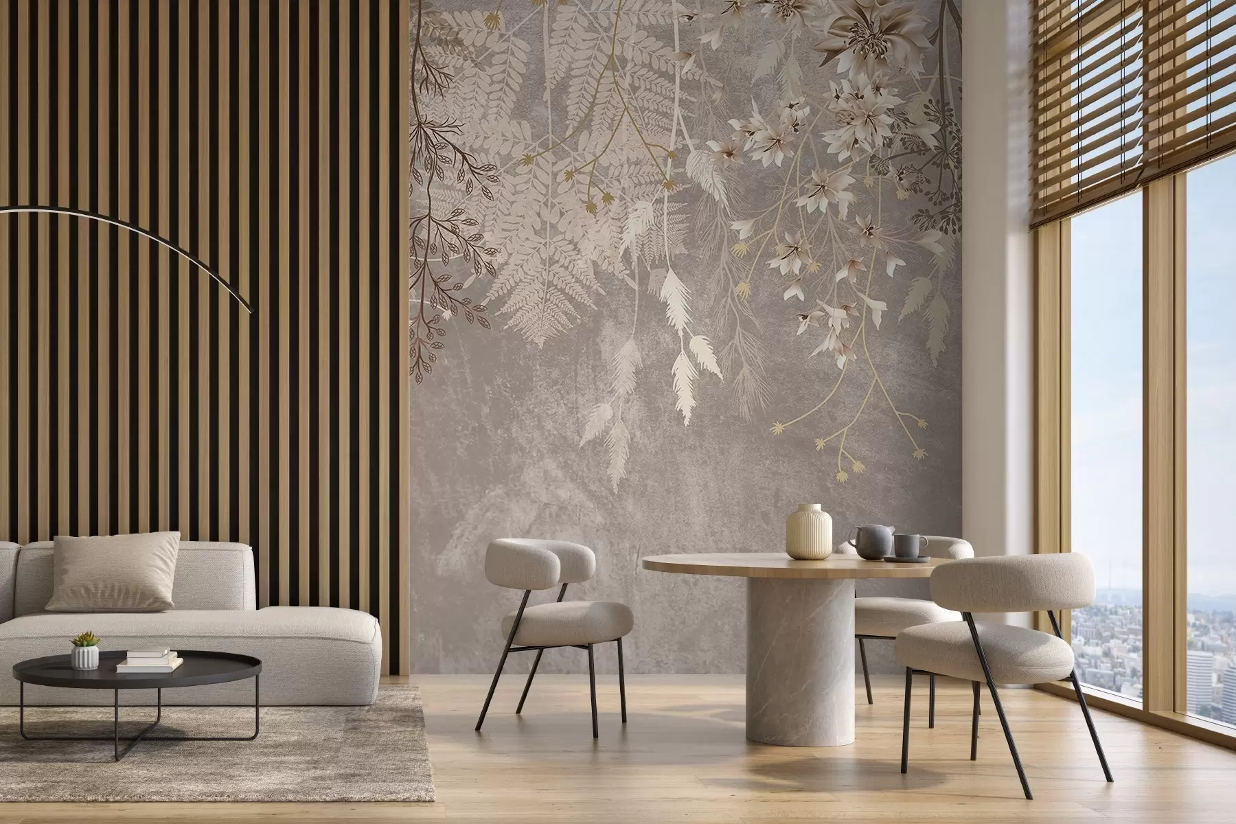 wall murals Сањиве, нежне, танке биљке, класови и цвеће у смеђим пастелним бојама на магловитој, текстурираној позадини w08606v1