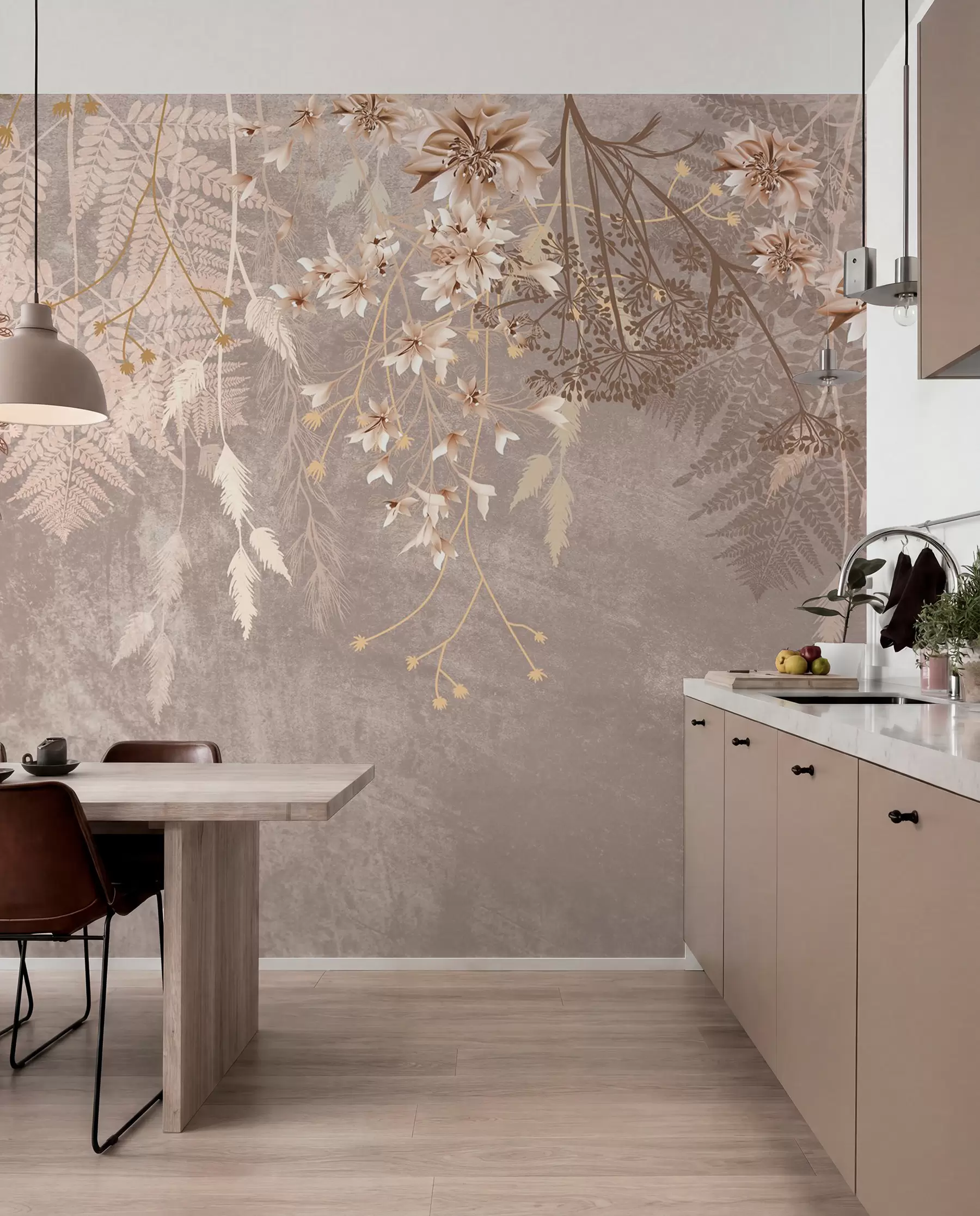 wall murals Сањиве, нежне, танке биљке, класови и цвеће у смеђим пастелним бојама на магловитој, текстурираној позадини w08606v1