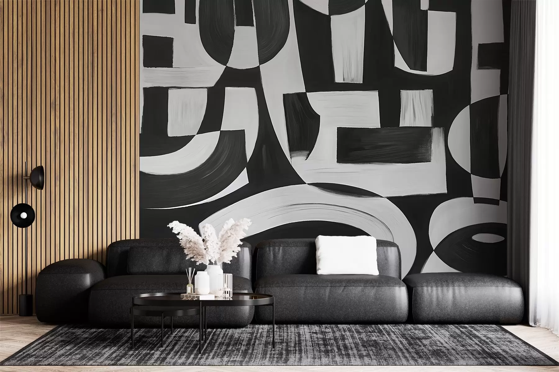 wall murals Апстрактни црно-бели геометријски облици и узорци, стварајући визуелно упечатљиву и динамичну композицију w08608