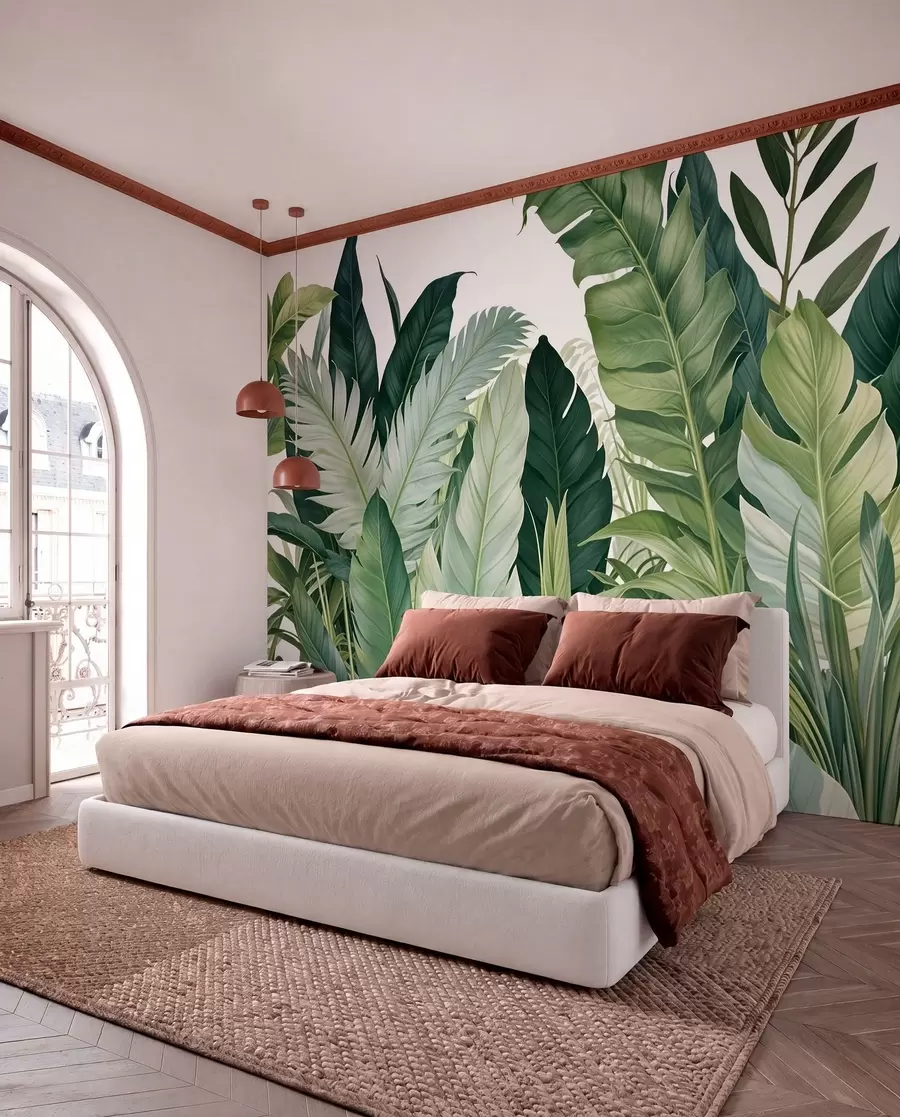 wall murals Тропско лишће са разним великим зеленим листовима, укључујући лишће банане, палмино лишће и друге егзотичне биљне врсте w08609