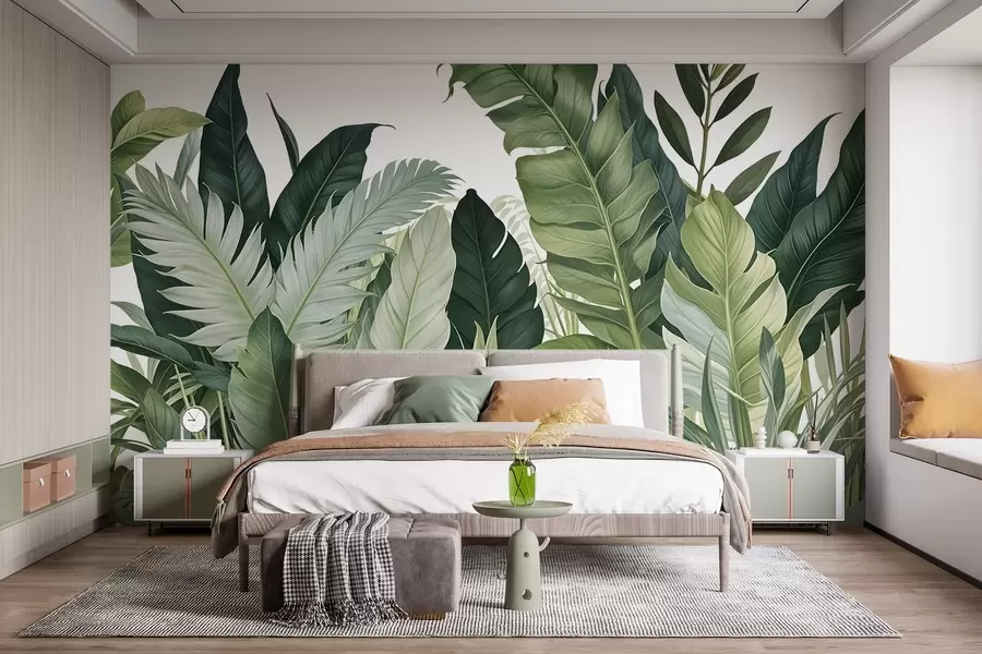 wall murals Тропско лишће са разним великим зеленим листовима, укључујући лишће банане, палмино лишће и друге егзотичне биљне врсте w08609
