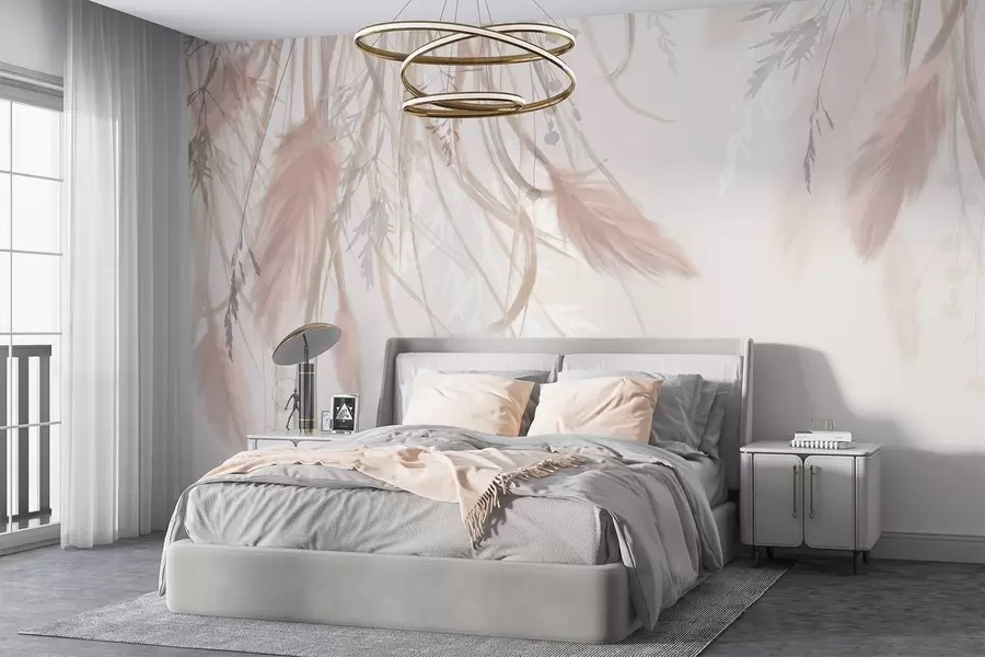 wall murals Мека, танка пампас трава и класови у нијансама беж и розе на светлој позадини w08611