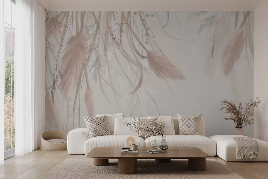wall murals Мека, танка пампас трава и класови у нијансама беж и розе на светлој позадини w08611