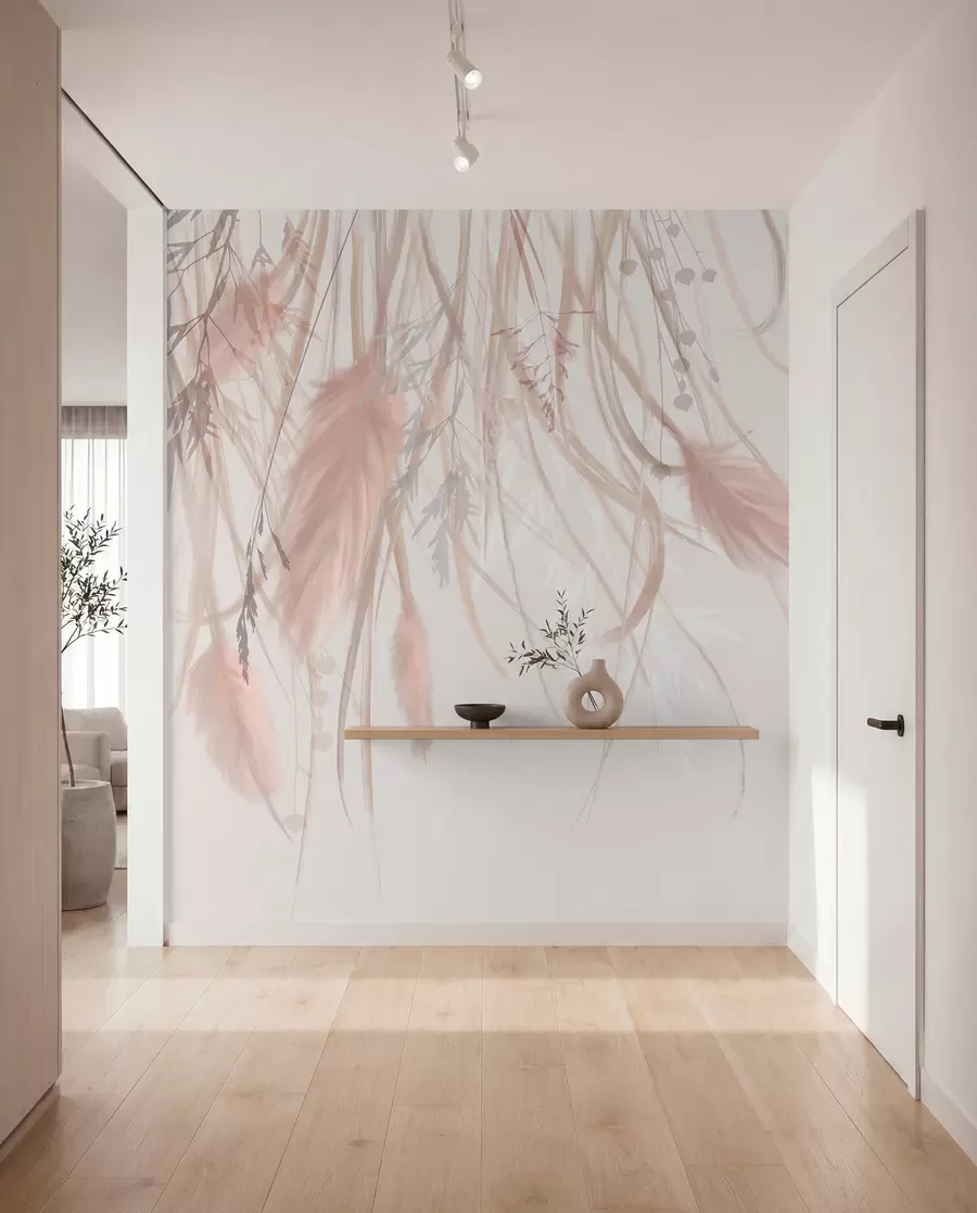 wall murals Мека, танка пампас трава и класови у нијансама беж и розе на светлој позадини w08611