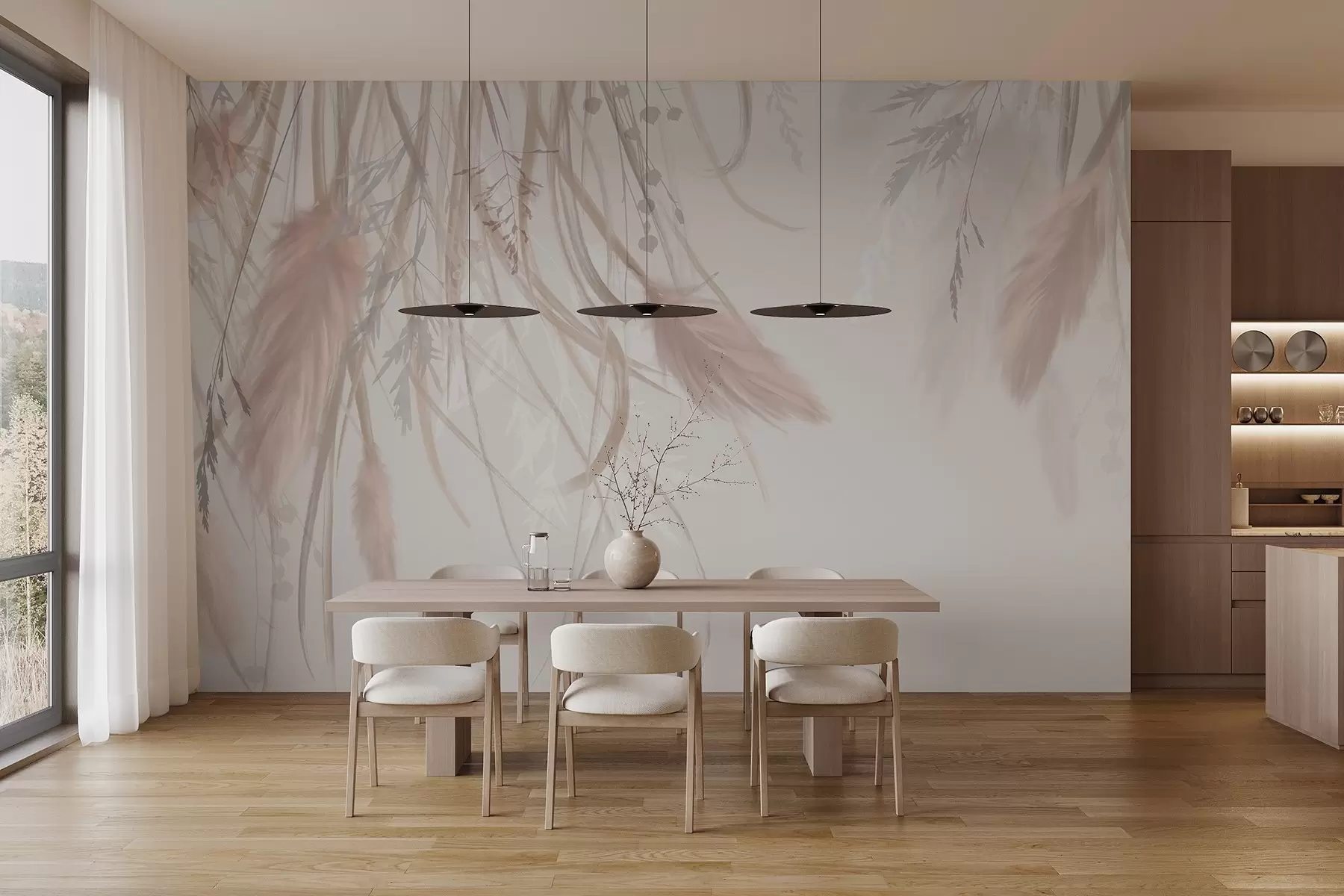 wall murals Мека, танка пампас трава и класови у нијансама беж и розе на светлој позадини w08611