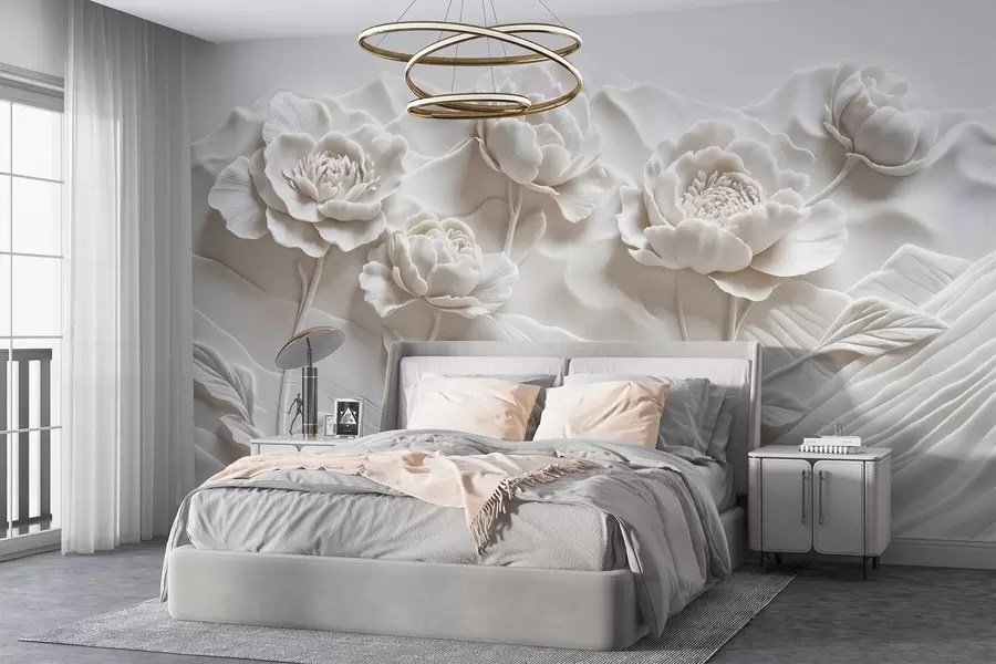 wall murals Бела цветна имитација рељефне скулптуре са великим, детаљним цветовима божура на обичној позадини w08612