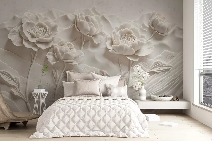 wall murals Бела цветна имитација рељефне скулптуре са великим, детаљним цветовима божура на обичној позадини w08612