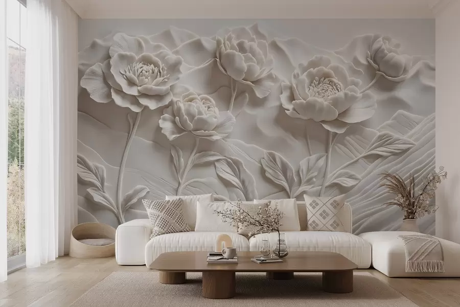 wall murals Бела цветна имитација рељефне скулптуре са великим, детаљним цветовима божура на обичној позадини w08612
