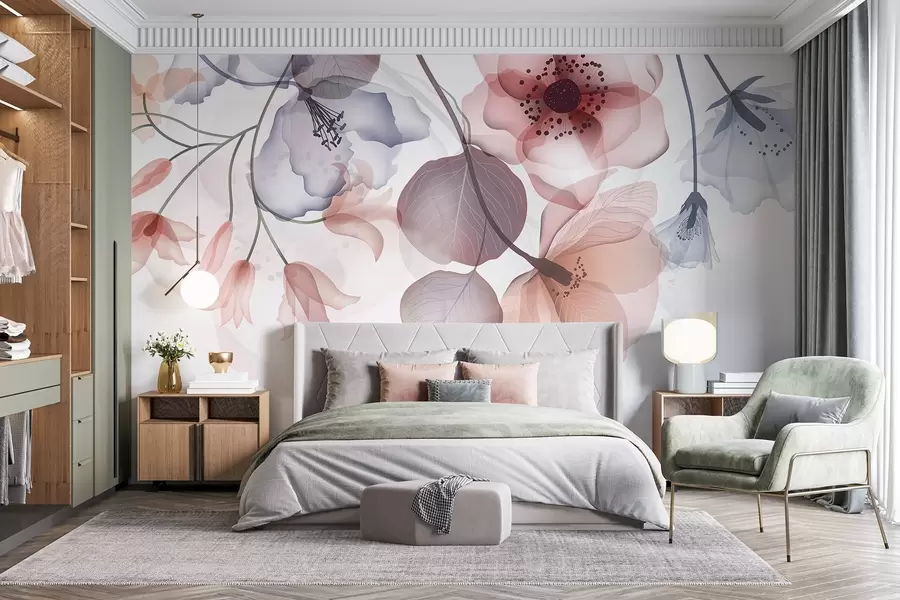 wall murals Нежно розе и сиво прозирно цвеће са меким латицама и тамним средиштима, на светлој позадини w08613