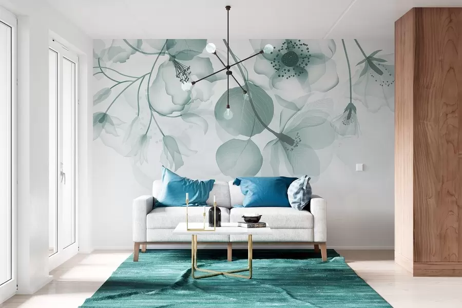 wall murals Нежно пригушено тиркизно прозирно цвеће са меким латицама и тамним срединама, на светлој позадини w08613v1