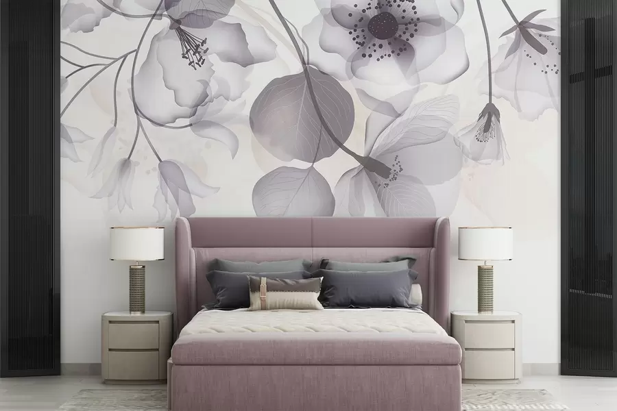 wall murals Деликатно сиво и беж прозирно цвеће са меким латицама и тамним срединама, на светлој позадини w08613v2