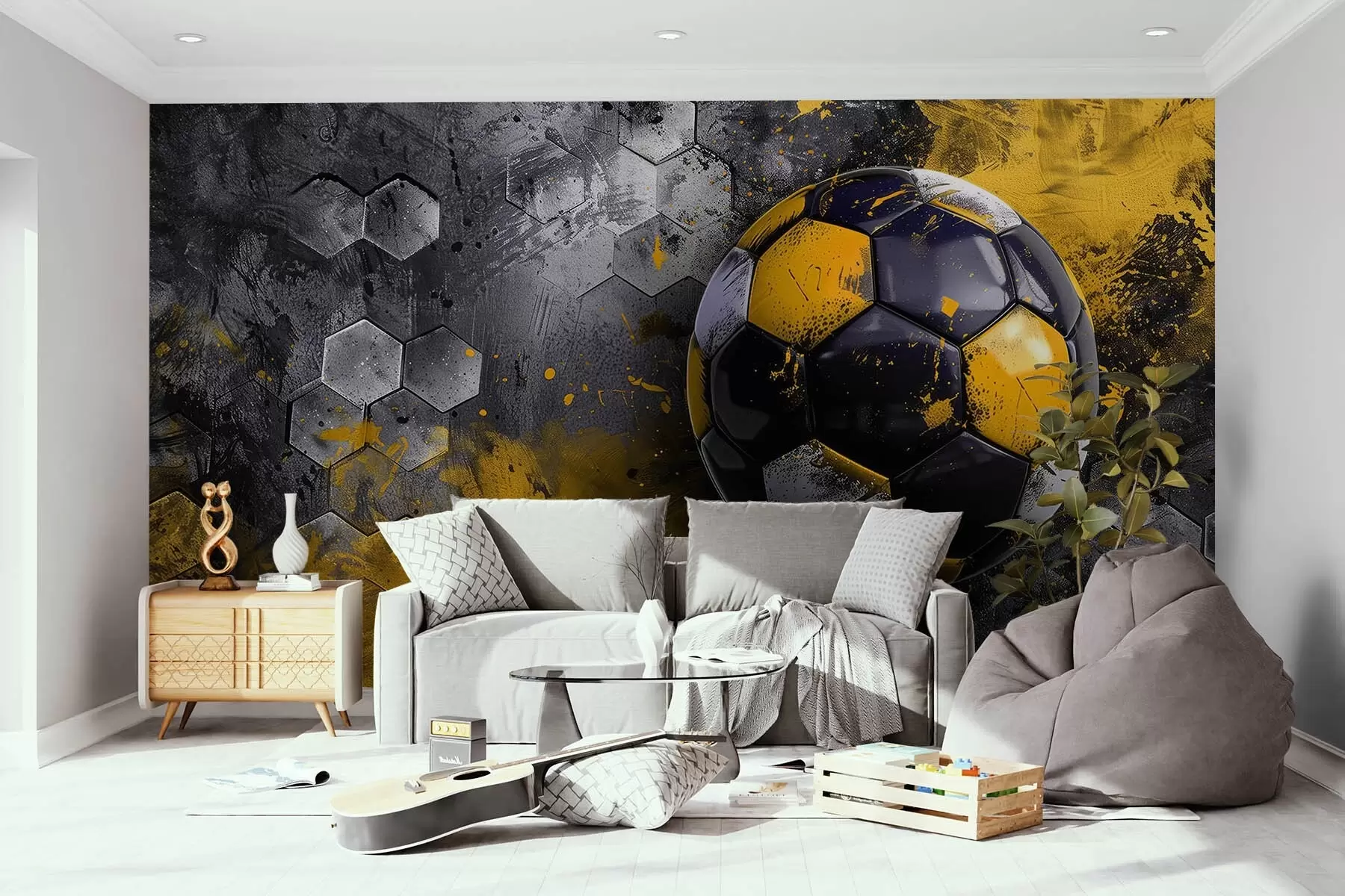 wall murals Фудбалска лопта на позадини саћа са мрљама жуте боје w08616