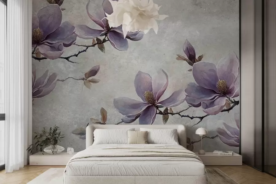wall murals Гране магнолије на акварел сивој позадини w08624