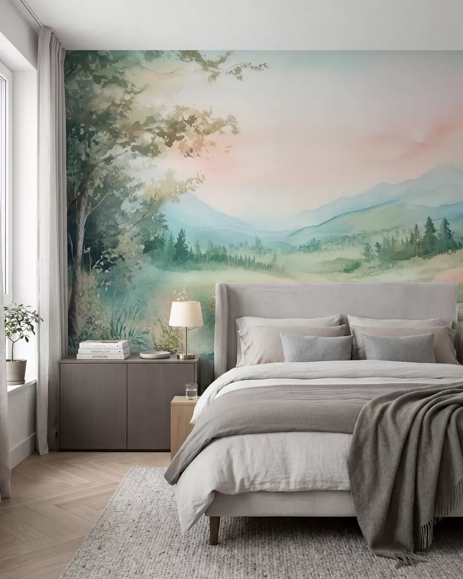 wall murals акварел пејзаж са стазом и планинама w02764