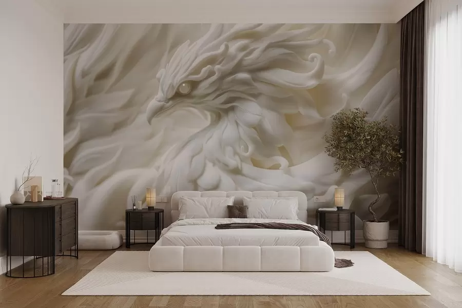 wall murals Птица са дугим перјем у штуко стилу у беж тоновима w08629