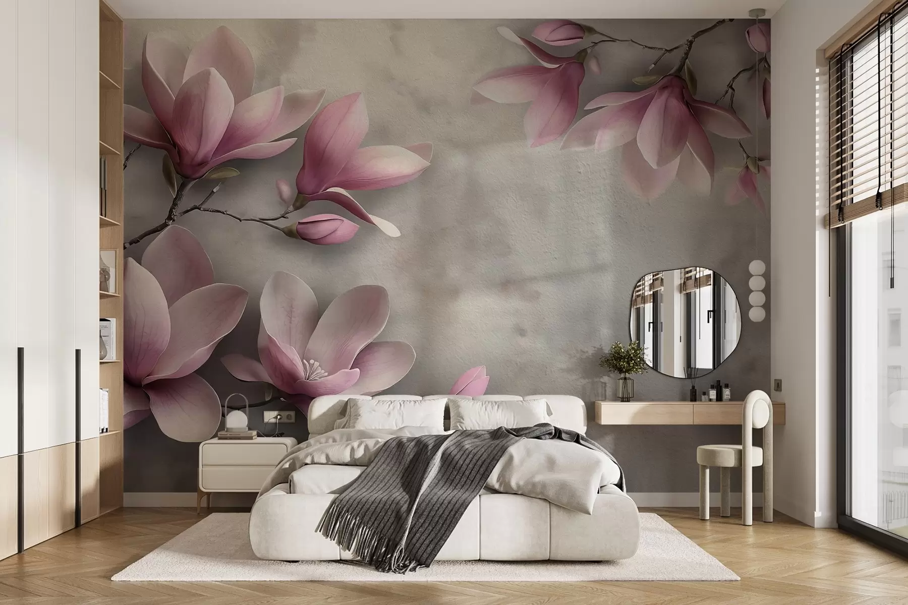 wall murals Нежне ружичасте магнолије на бетонском зиду у сивим тоновима w08636v1