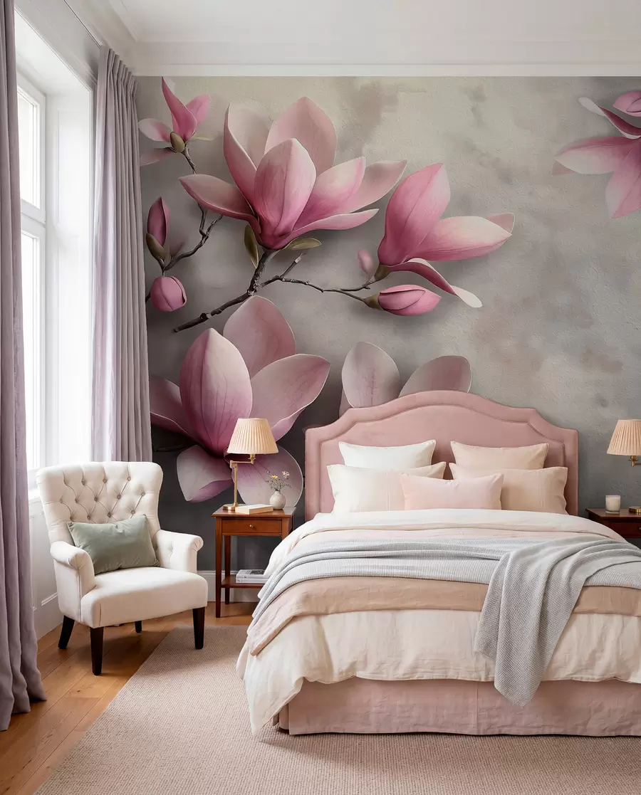 wall murals Нежне ружичасте магнолије на бетонском зиду у сивим тоновима w08636v1