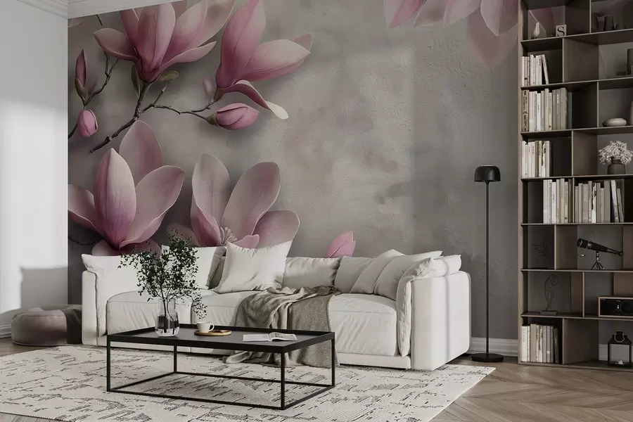 wall murals Нежне ружичасте магнолије на бетонском зиду у сивим тоновима w08636v1