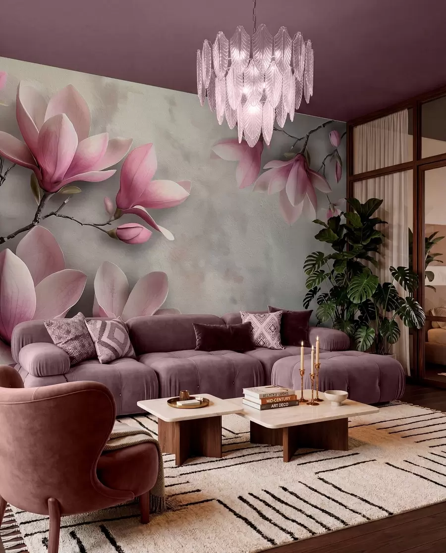 wall murals Нежне ружичасте магнолије на бетонском зиду у сивим тоновима w08636v1