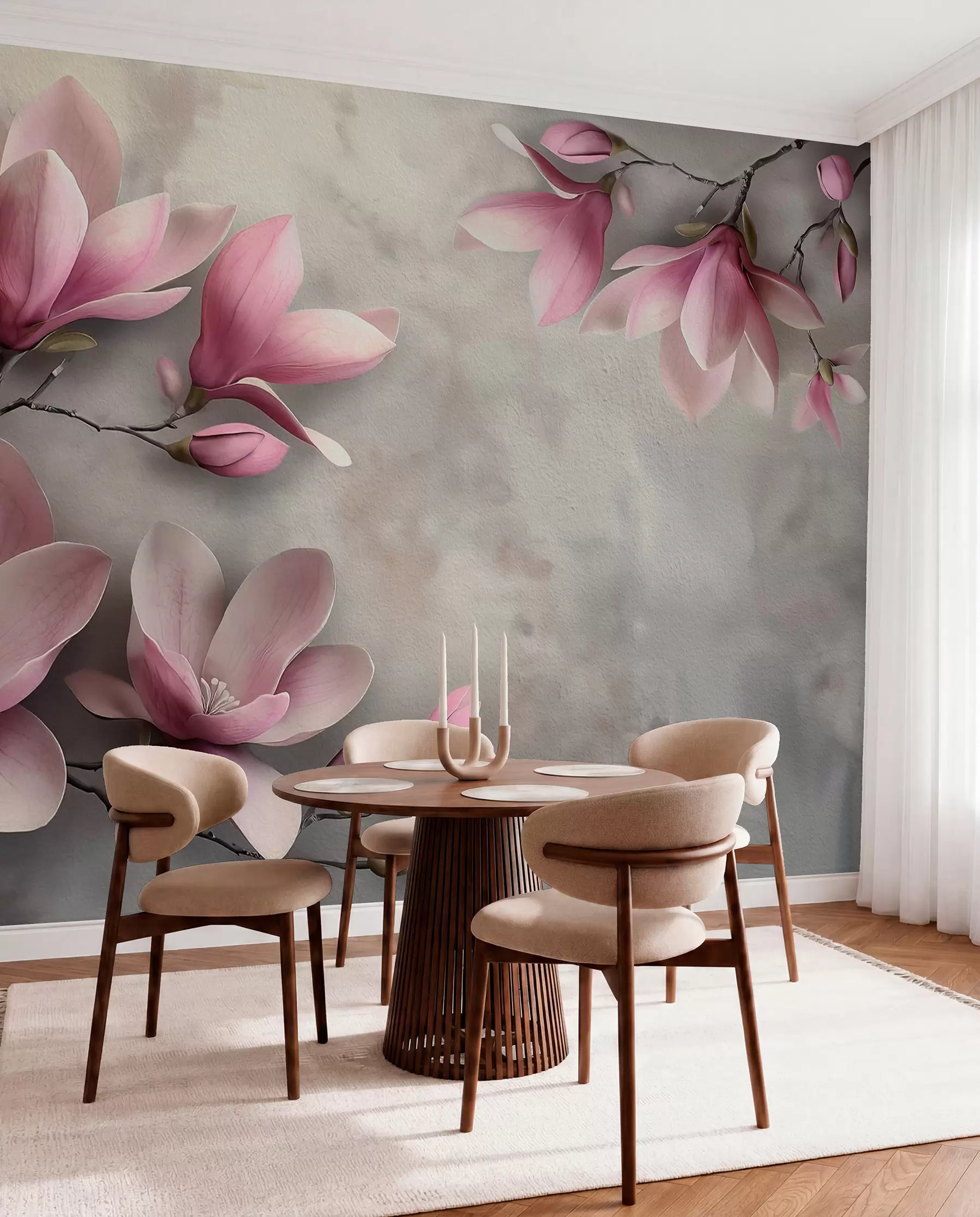 wall murals Нежне ружичасте магнолије на бетонском зиду у сивим тоновима w08636v1