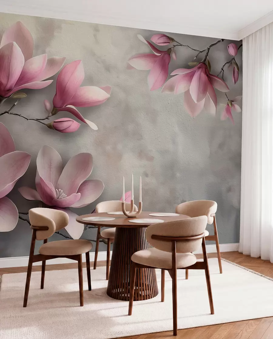 wall murals Нежне ружичасте магнолије на бетонском зиду у сивим тоновима w08636v1