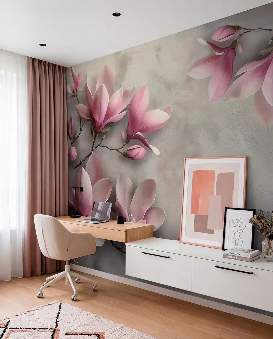 wall murals Нежне ружичасте магнолије на бетонском зиду у сивим тоновима w08636v1