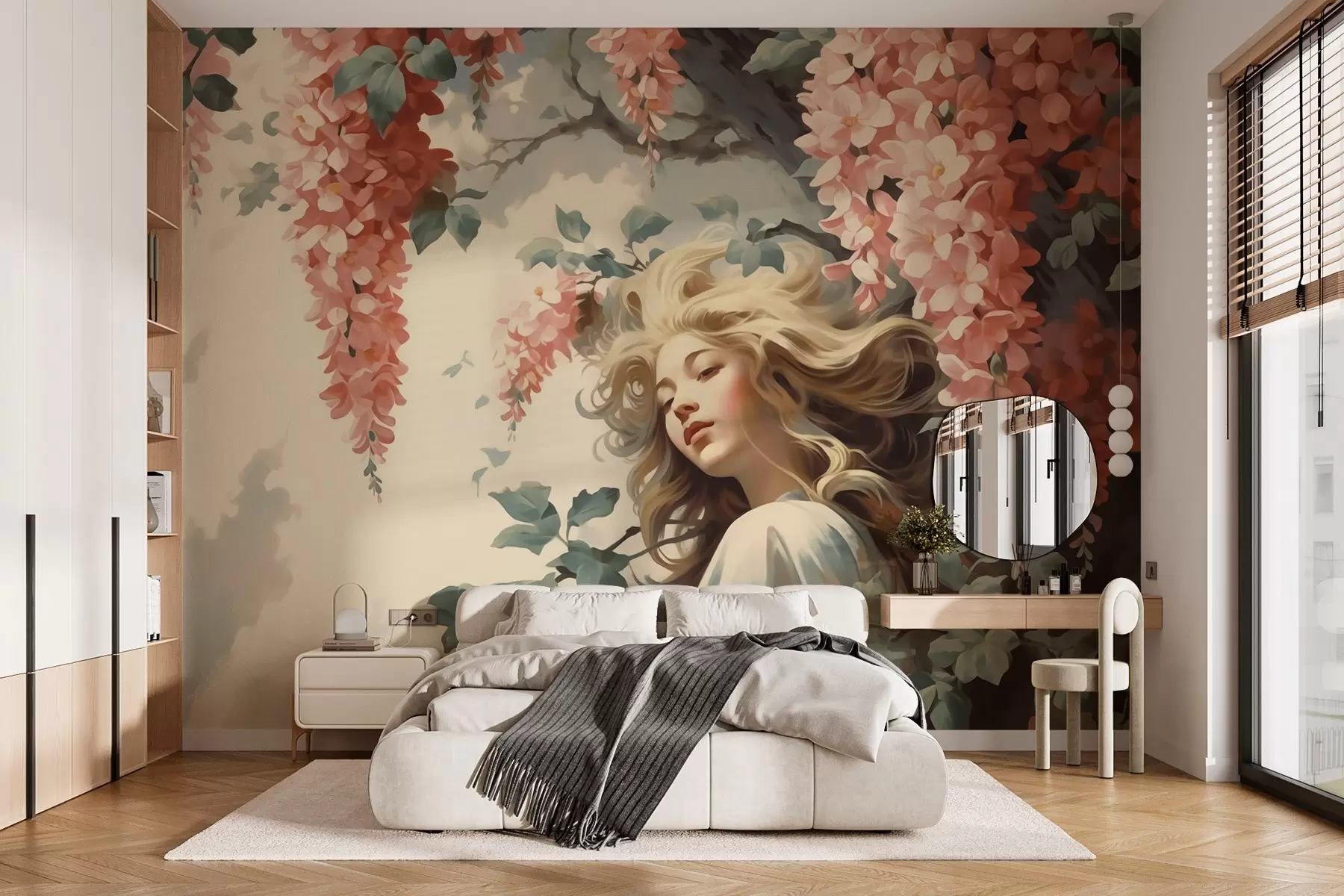 wall murals Апстрактни портрет девојке испод дрвета са цвећем w02795