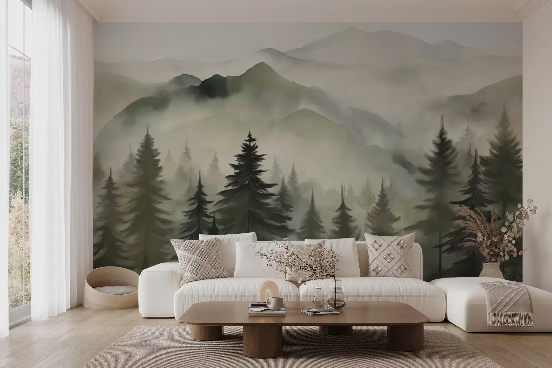 wall murals Планински пејзаж са шумом борова и слојевитим планинама током зоре са светлом маглом имитација акварела  w08639