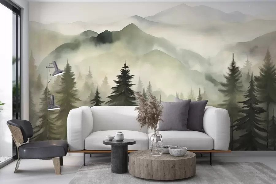 wall murals Планински пејзаж са шумом борова и слојевитим планинама током зоре са светлом маглом имитација акварела  w08639