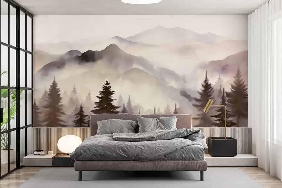 wall murals Планински пејзаж са шумом борова и слојевитим планинама током зоре са светлом маглом имитација акварела w08639v1