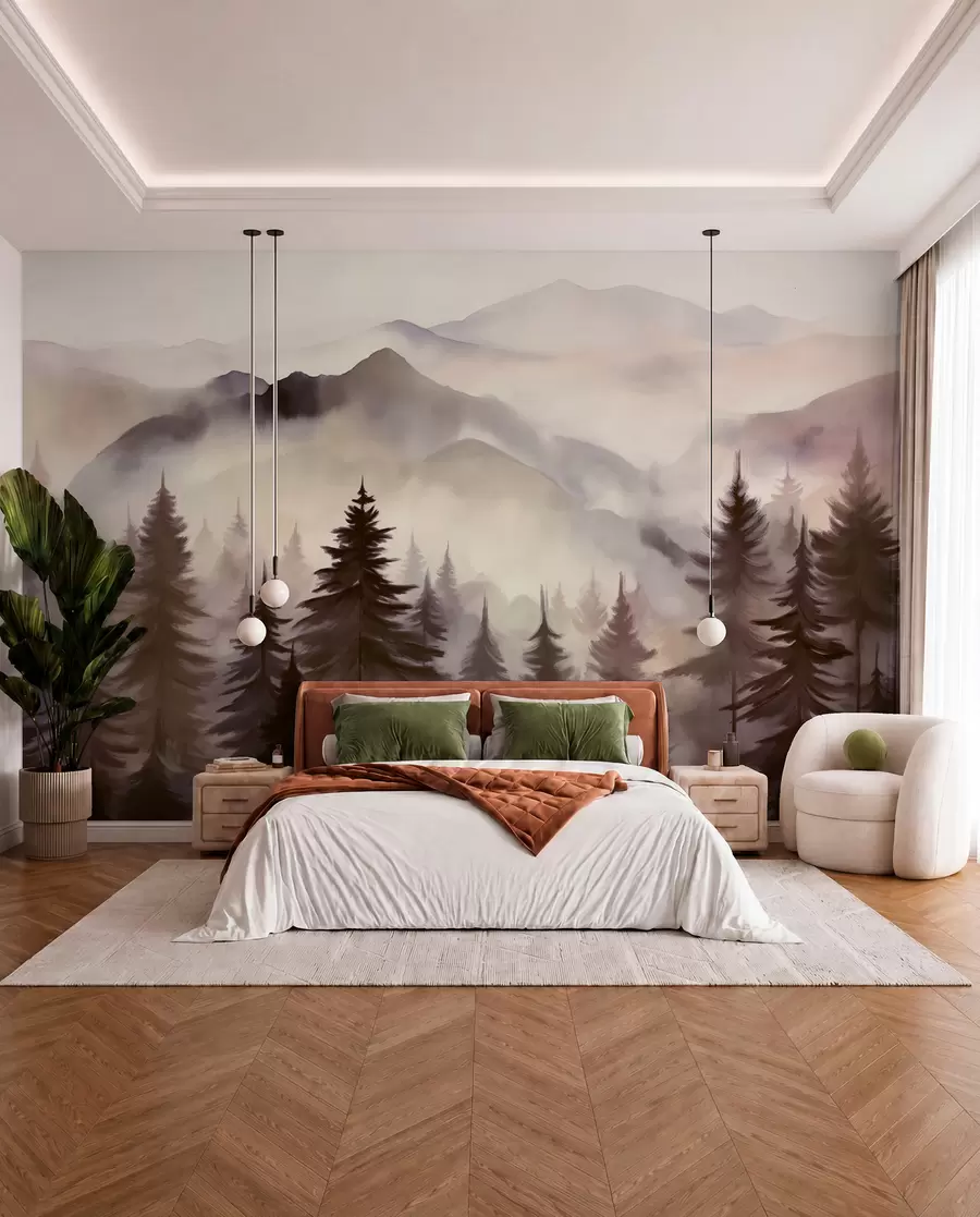 wall murals Планински пејзаж са шумом борова и слојевитим планинама током зоре са светлом маглом имитација акварела w08639v1